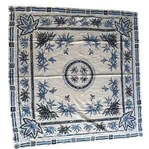 Vintage Blue & White Tablecloth Border Print Center medallion square FLAWS
